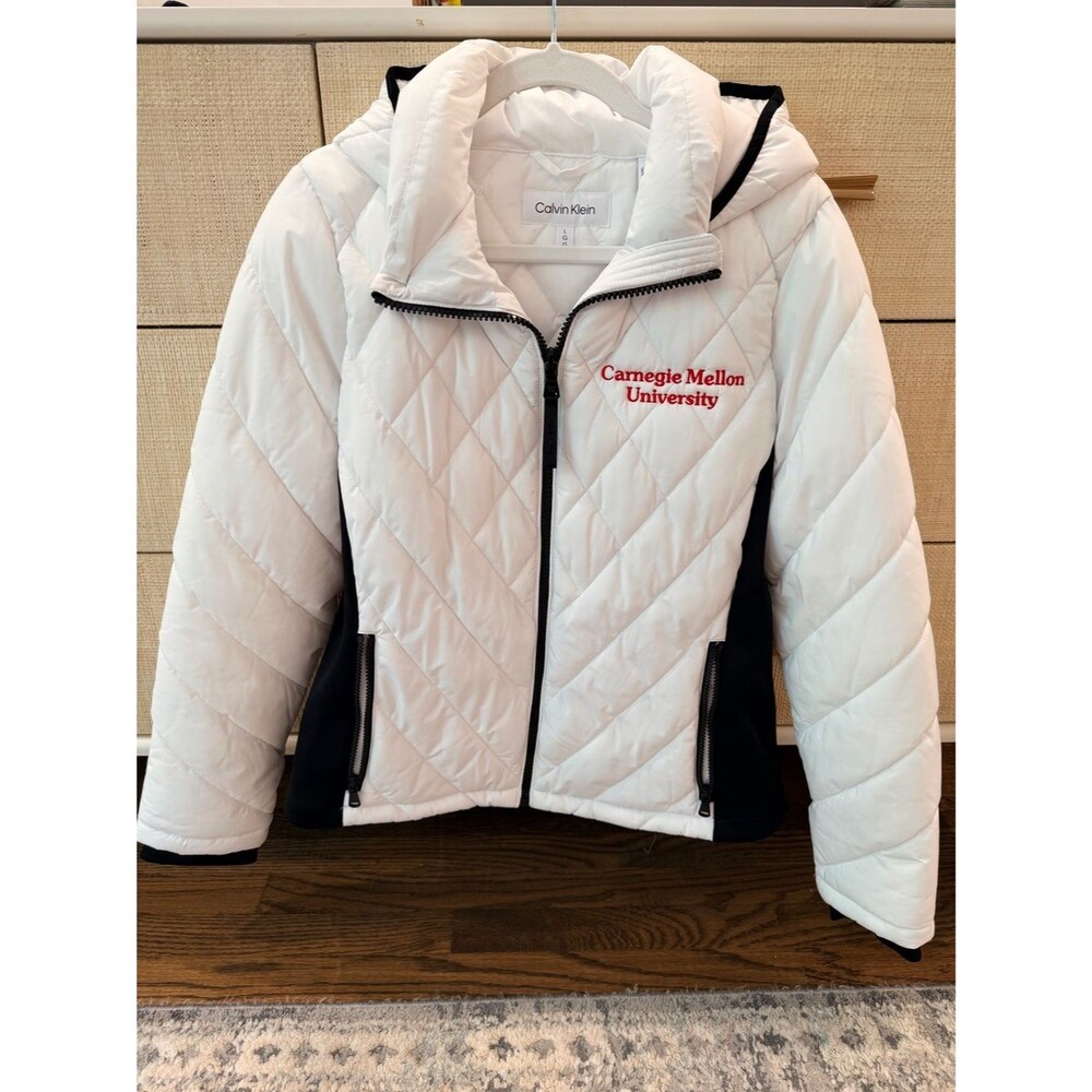 NWOT Calvin Klein White Hood Quilted Jacket Carnegie Mellon University Sz Large